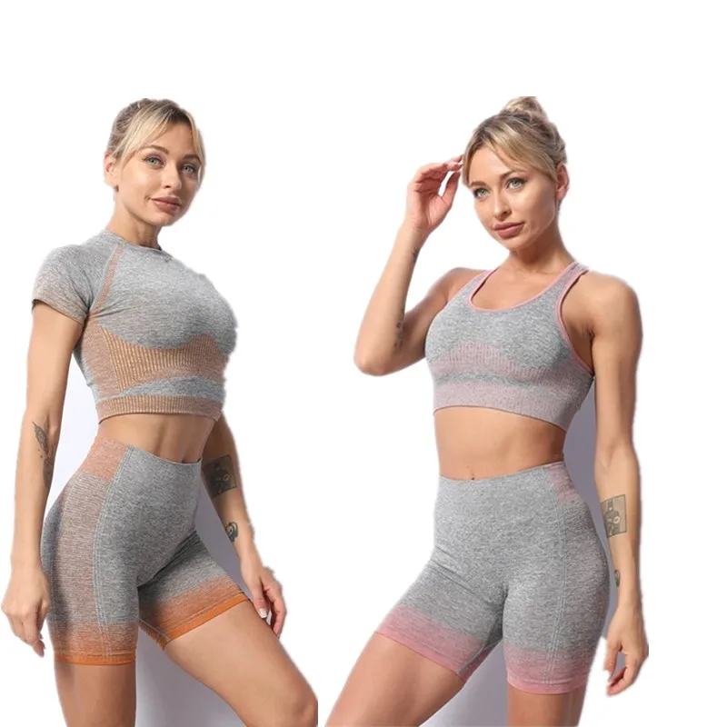 

Seamless Yoga Set Women Fitness Clothing Sportswear Woman Gym Leggings Padded Push-up Strappy Sports Bra 3 Pcs Sports Suits