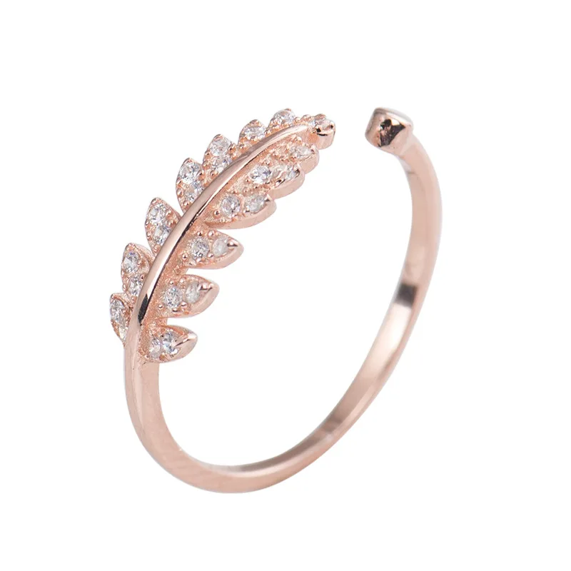 

925 Sterling Silver Fresh Sweet Branch Leaf Napkin Ring Temperament Fashion Female Opening Feather Zircon Ring, Silver ,gold , rose gold