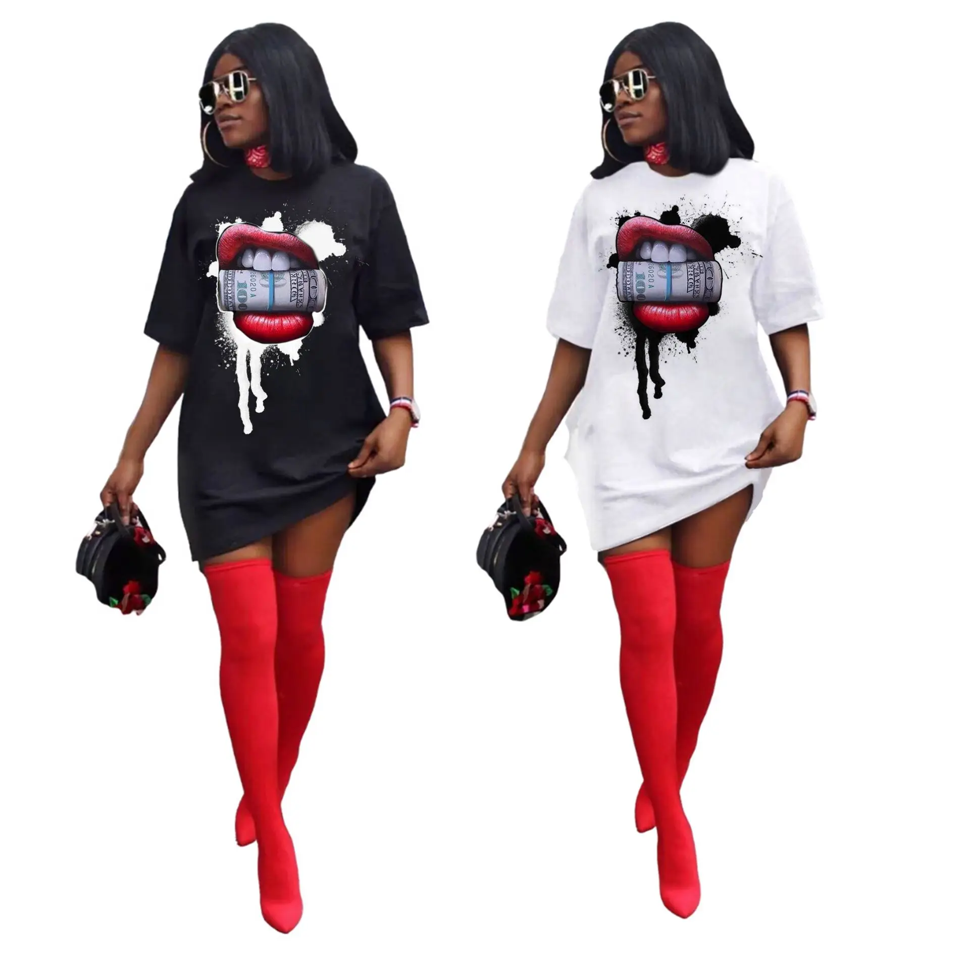 

2021 Summer Fashion lip Printing Short Sleeves Casual Dress for Woman T shirt straight Long Woman Dress Clothing