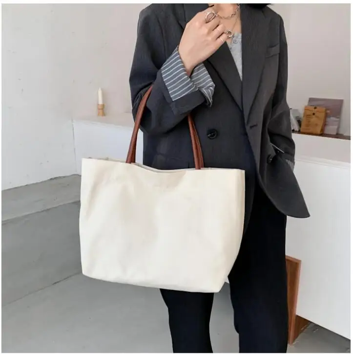 

New Style Tote Blank Cotton Canvas Leather handle Tote Beach Bag Ladies Megnet Hand bags With Leather Handle Bags Women Handbags