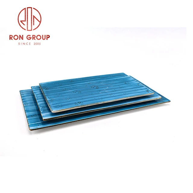 hot sale 10 12 14 inch wedding hotel dishes set dinnerware blue flat ceramic rectangle plates for restaurant