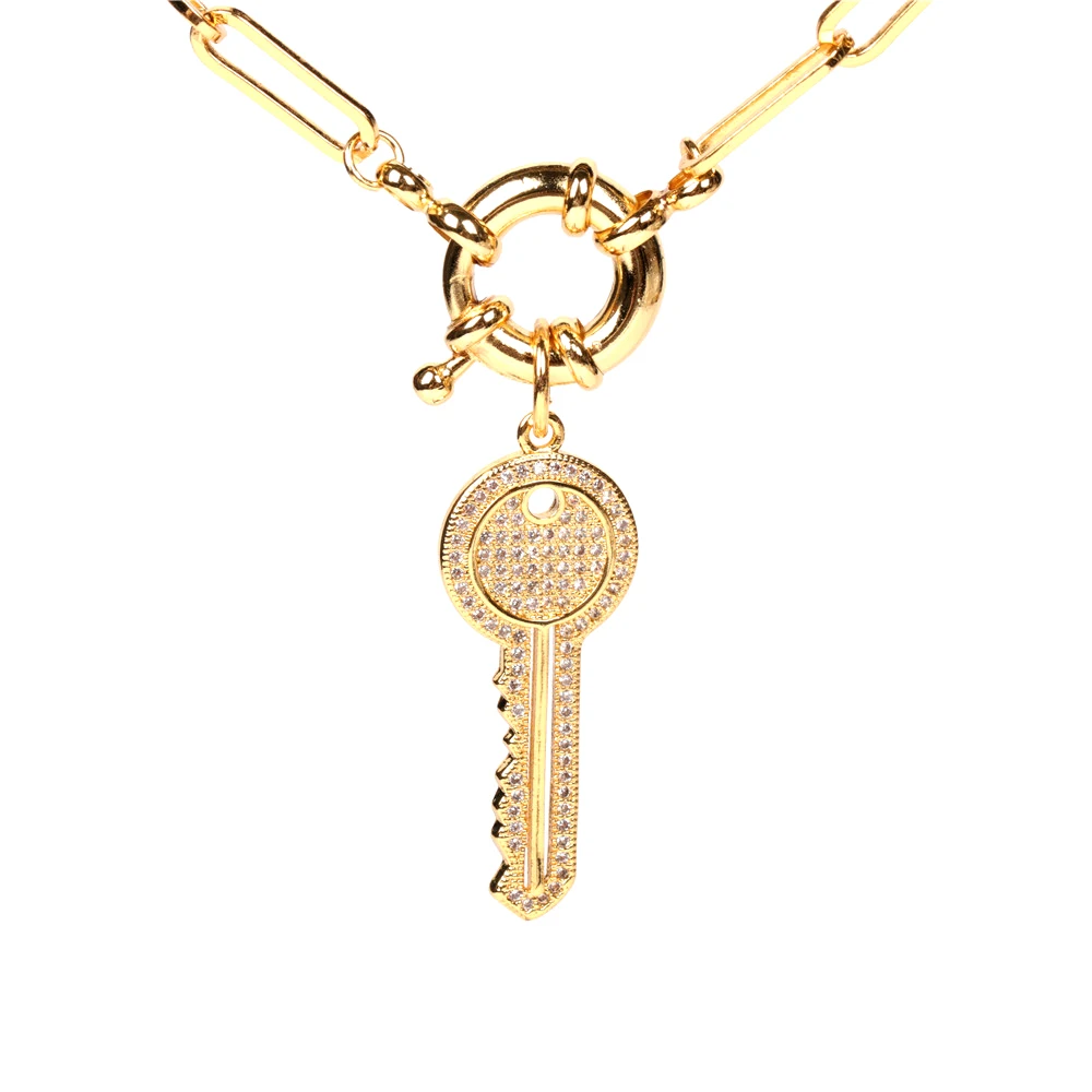 

Sailing Jewelry Hip Hop Golden Key Necklace CZ Key Pendant Necklace Copper Brass Key Necklace For Women Girls Gifts