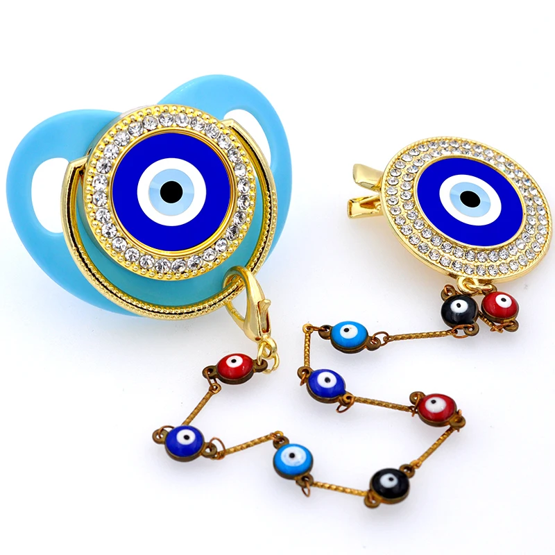 

Luxury blue Evil eye jewelry brass clip pacifier Custom Personalized Name Bling Baby Pacifier