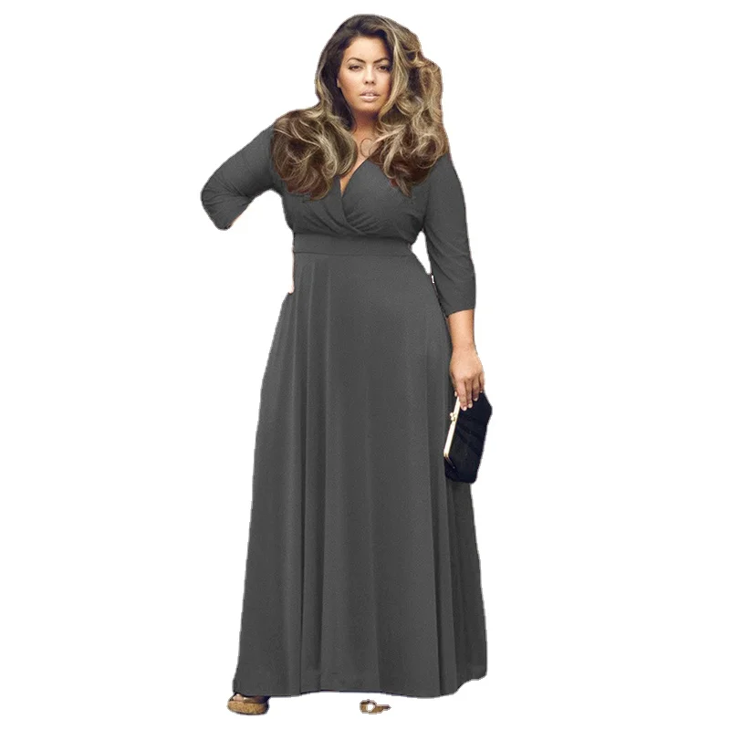

Women Plus Size Dress In-stock V-neck Three Quarter Sleeve Maxi Dress Large Size Wholesale Dress