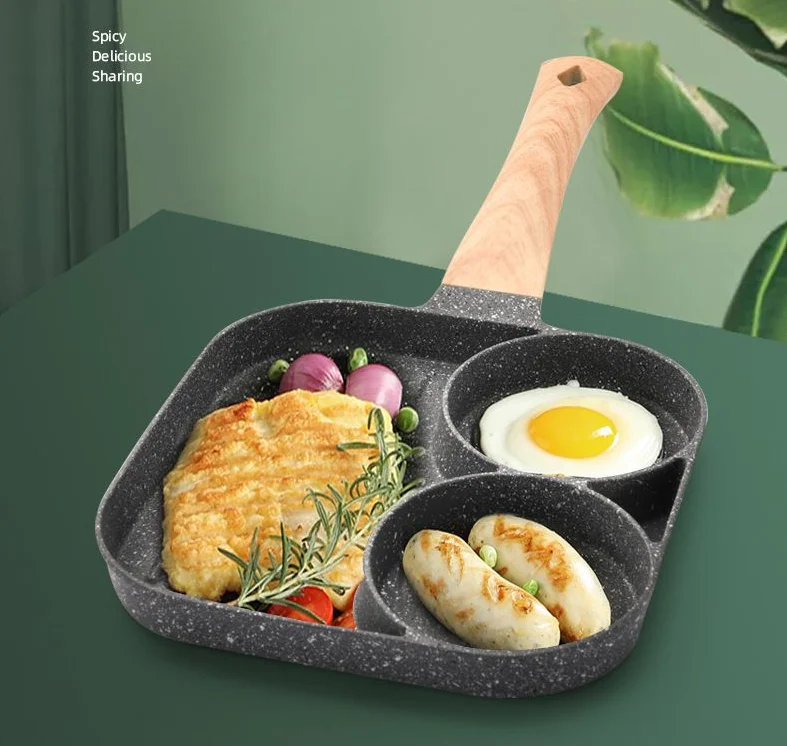 

2 in 1 Nonstick Egg Steak Frying Pan,3 Section Aluminium Alloy Fried Egg Cooker With Wood Handle, Black