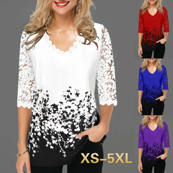 

Women 2020 Spring V Neck Half Sleeves Lace Tops Fashion Printed Pullover T-shirt Casual Plus Size Pullover Blouse