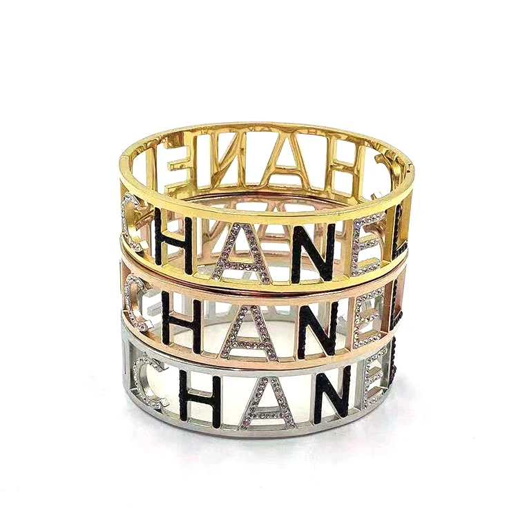 

2021 Letter Charm Stainless Steel Gold Plated Diamond Crystal Bangles And Bracelets For Woman