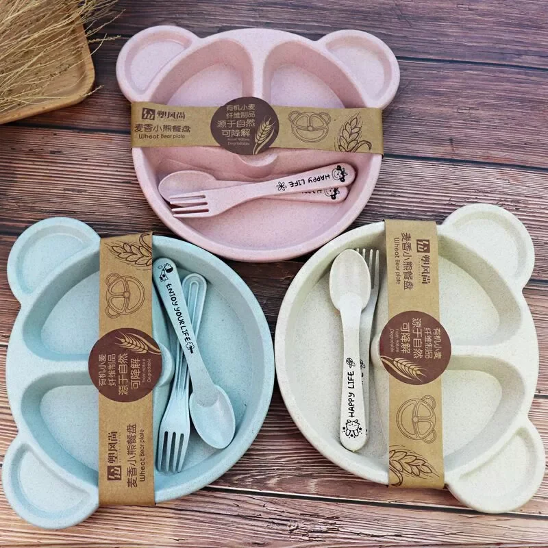 

NEW Sale Promotional Wheat Straw Biodegradable Baby Children Lunch Box Plate, Blue pink white