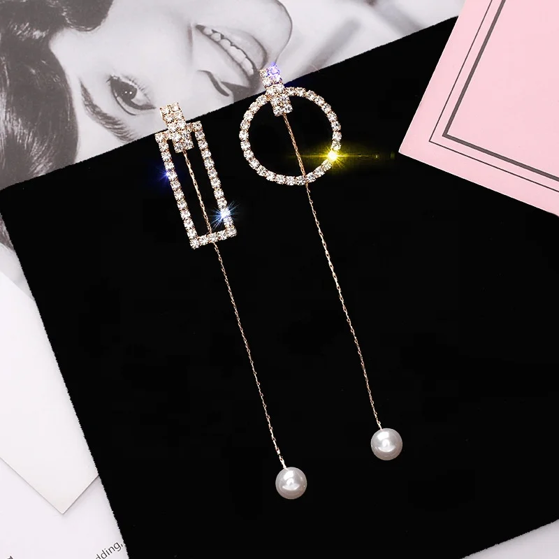 

Fashion Sparkling Crystal Tassel Long Asymmetry Geometric Round Drop Earrings For Women Wedding Party Jewelry Ear Accessories, Picture shows