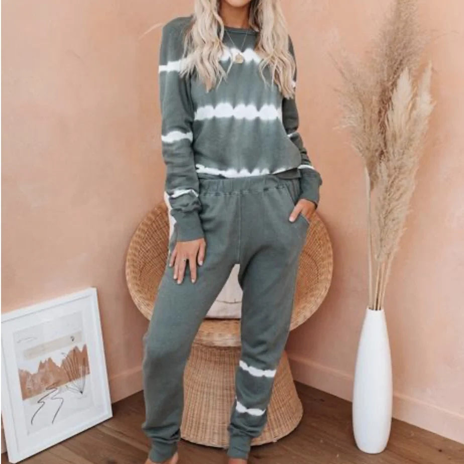 

Fashion 2 Piece Lounge Wear Set Long Tie Dye Pajamas Sets Women Sleepwear