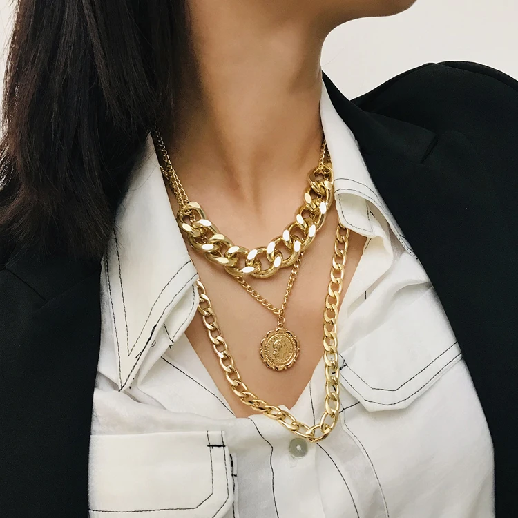 

18K Gold Plated Exaggerated Multilayer Punk Chunky Chain Necklace Queen Coin Pendant Triple Layer Necklace, Picture