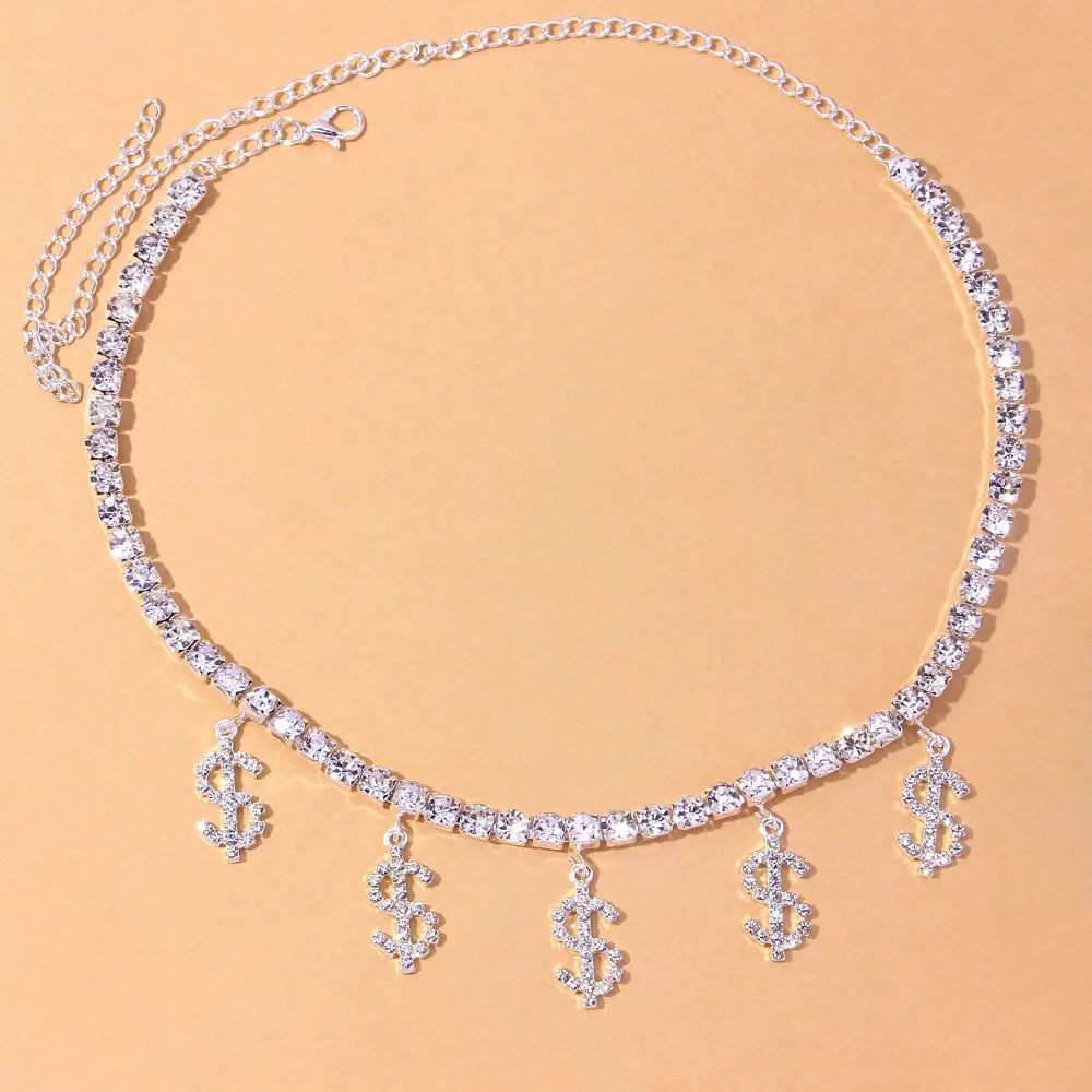 

Charm Personality Foot Jewelry Bling Rhinestone Tennis Chain Ankle Bracelet Dollar Sign Pendant Crystal Necklace for Women