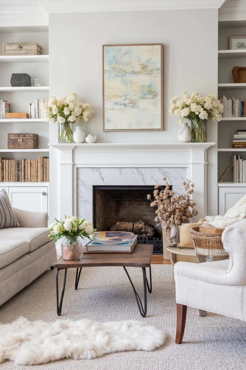 Light-colored living room with kids’ toys stored neatly in baskets