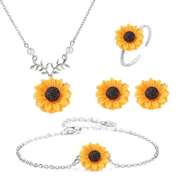 

5pcs/set hot sale sunflower pendant necklace earrings ring bracelet set creative sunflower summer fashion women jewelry set, As shown