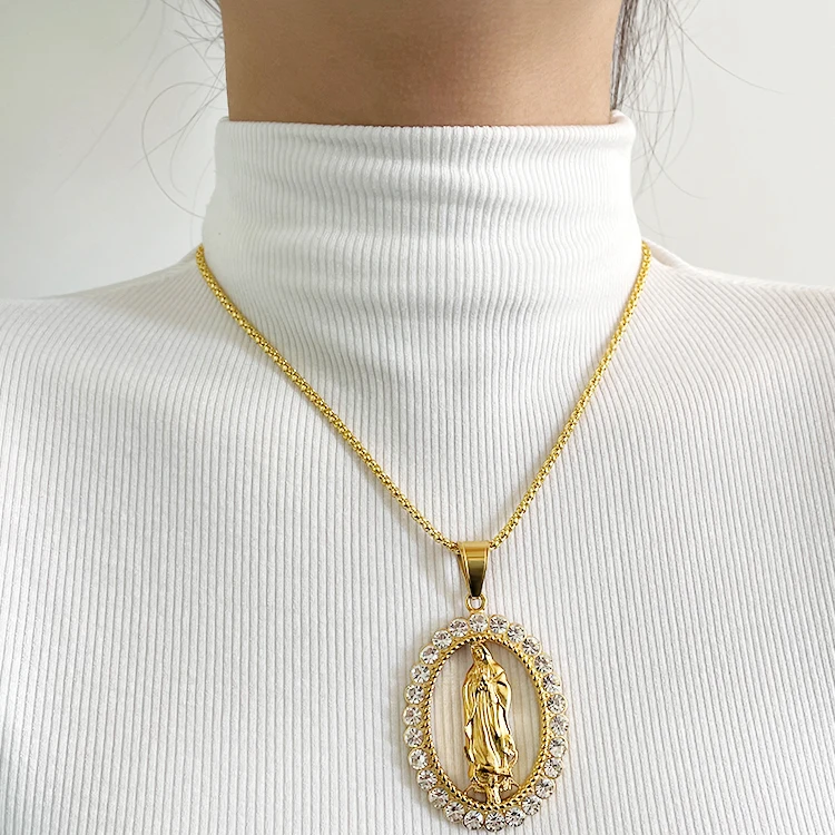 

stainless steel Religious Gold Plated Chain Christian Virgin Mary Coin Pendant Necklace
