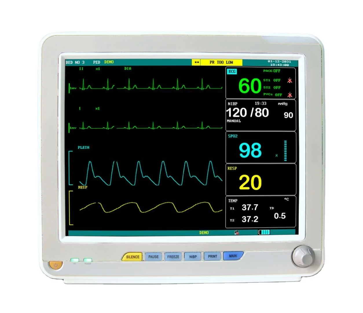 
12 inches Touch TFT LCD Screen Spo2 6 parameters Multi paremeter ICU Cardiac Patient Monitor  (1600103004298)