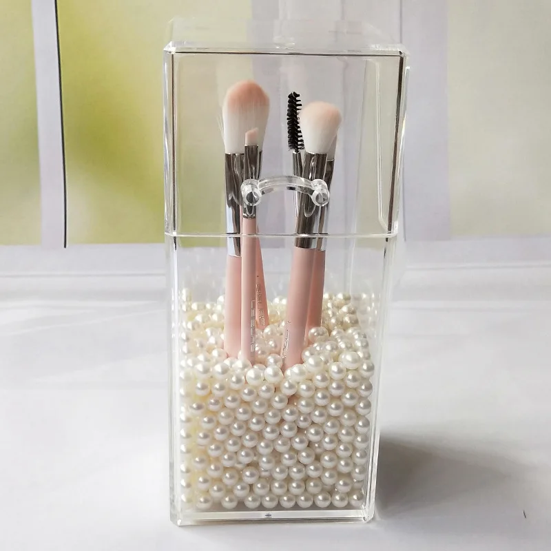 

Wholsale Covered Makeup Brush Holder Pearls with Dustproof Lid Acrylic Clear Cosmetic Brush Storage Organizer