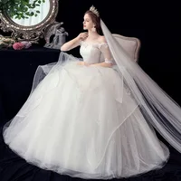 

2020 Spring New Design Elegant Korea style 3XL Plus size Bride Flat shoulder Half Sleeve Beaded Lace Wedding Dresses