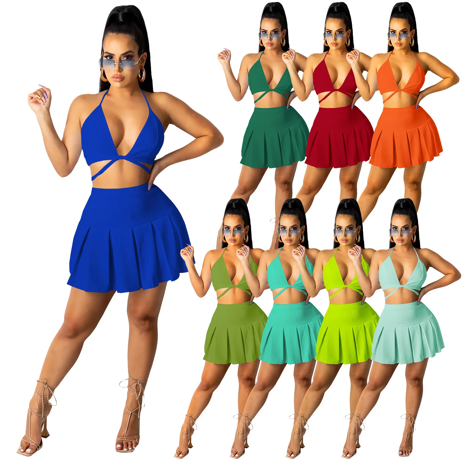 

SZ8080 Best selling halter sexy backless summer 2 piece outfits lace up sexy top and skirt set womens plus size skirt set women