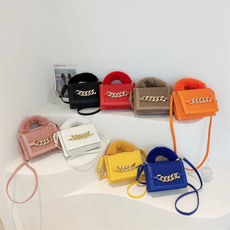 

Winter Vintage Pleated Fashion Tote Bags Ladies Chain Messenger Shoulder Bags Fur Handle Trendy Clutch Bag Luxury Bolsa Sac