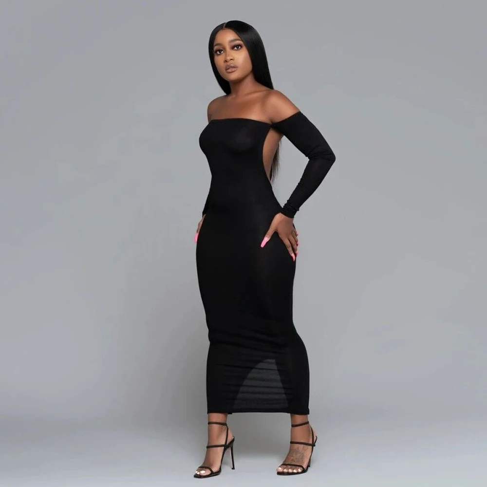 

9509 Women Long Sleeve Black Mid-length Dress Sexy Backless High Quality Bodycon Club Dresses