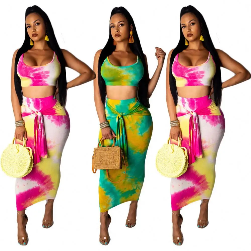 

Summer Vacation Beach Wear Sexy Women Two Piece Bodycon Dress Long Skirt And Crop Top Set, As pictures showed