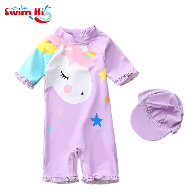 

Girl's Swimwear Short sleeve baby toddler swimwear One piece swim wear baby swimsuit 1Y-6Y with Sun Hat for Girl Swim