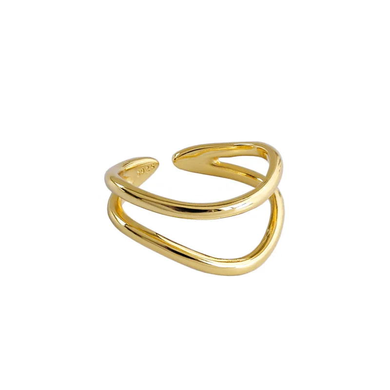 

18K Gold Plated S925 Ring Sterling Silver Ring Elegant Smooth Double layer line INS Smooth Female Ring