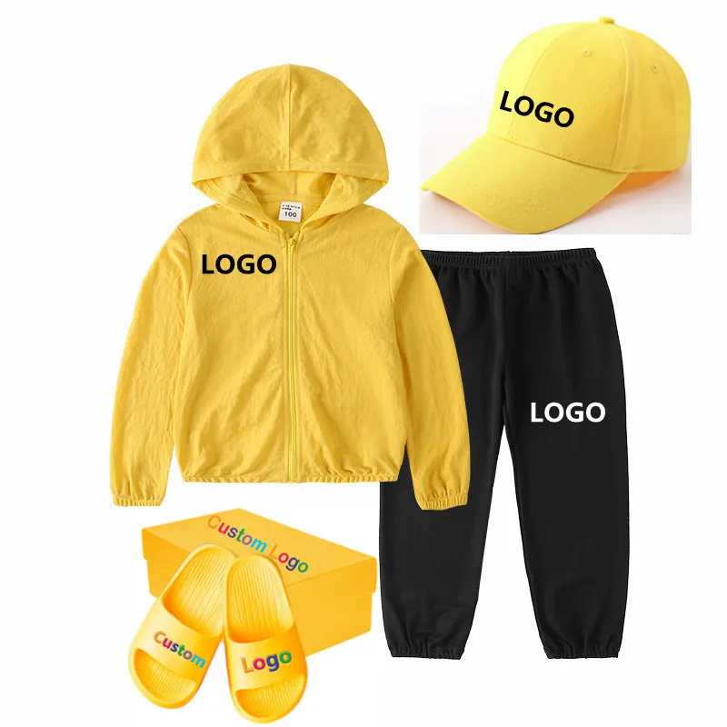 

Children's clothing boys summer casual sunscreen clothes solid color custom logo girls sports jacket shorts suit 2-piece set, 1-13