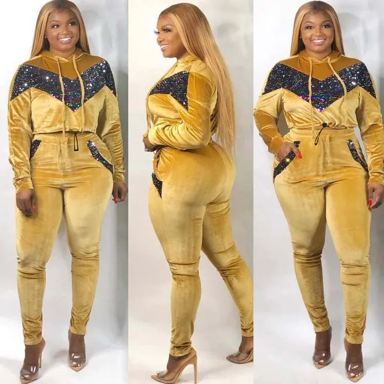 

2021 fashion fall autumn joggers plus size 2 piece set sweatsuit women women velour sweat suits sequins velvet 2 piece set women