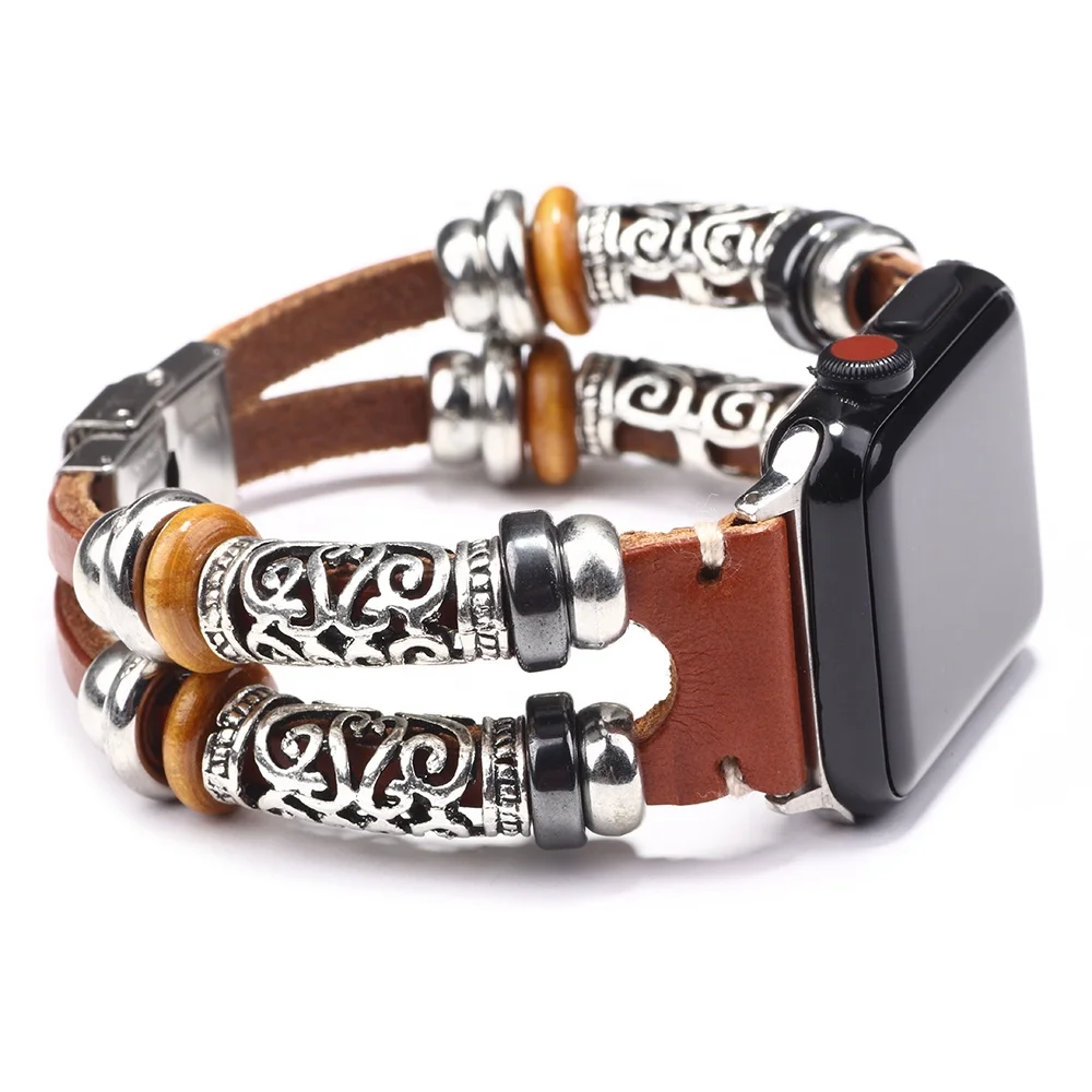 

Women men alloy silver charms apple watch genuine leather wristband bracelet watch bands as gift