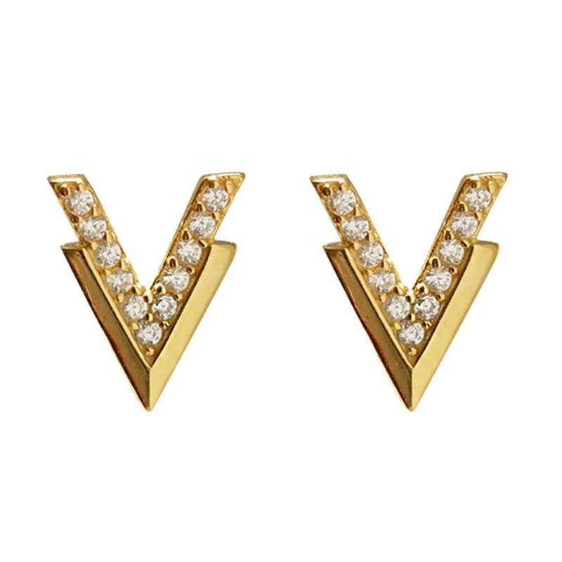 

HYH 925 silver jewelry girls fashion letter V zircon stud earrings, Optional