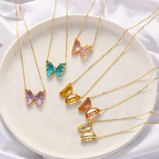 

Fashion Beautiful crystal butterfly pendant glass 18K gold plated acrylic butterfly necklace jewelry