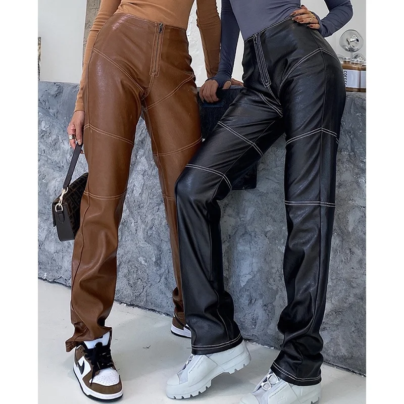

Faux PU Leather Jeans Trousers Ins 2021 New Stylish Quality Brown Black Straight Cargo Patchwork Women Leather Pants, Black / brown