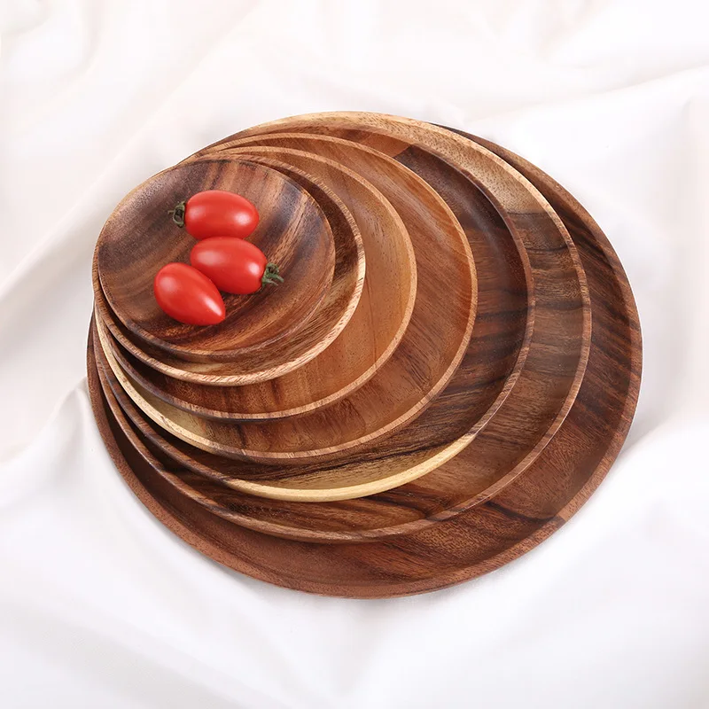 

High Quality Acacia Wood Round Wooden Plates Serving Tray Cake Dishes Kitchen Tableware Plate For Dessert Salad Fruit, Natural