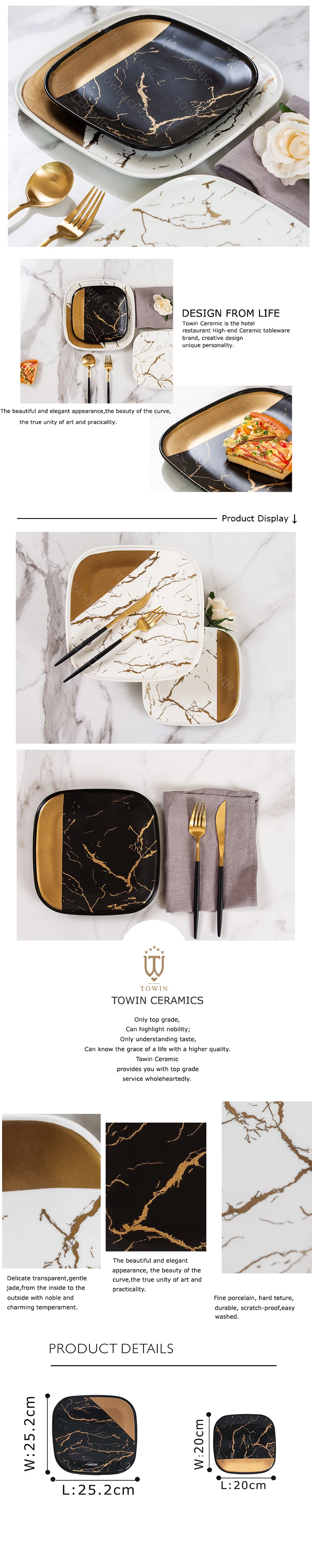 Bulk restaurant fancy dinnerware gold marble square porcelain dessert pasta dinner plate for weddings.jpg