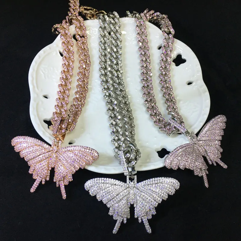 

Drop shopping Fashion Bling Pink Butterfly Necklace Big Size Shiny Butterfly Pendant with Cuban Chain, Picture