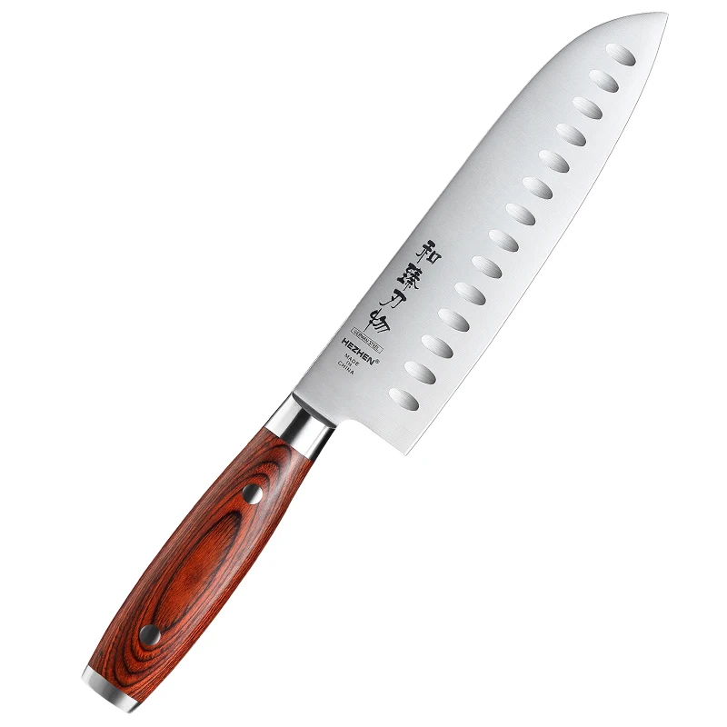 

Japanese Santoku Chef Knife Metal Professional German Stainless Steel Kitchen Cutting Foods Pakka Wood 7 Inch Handle Orange