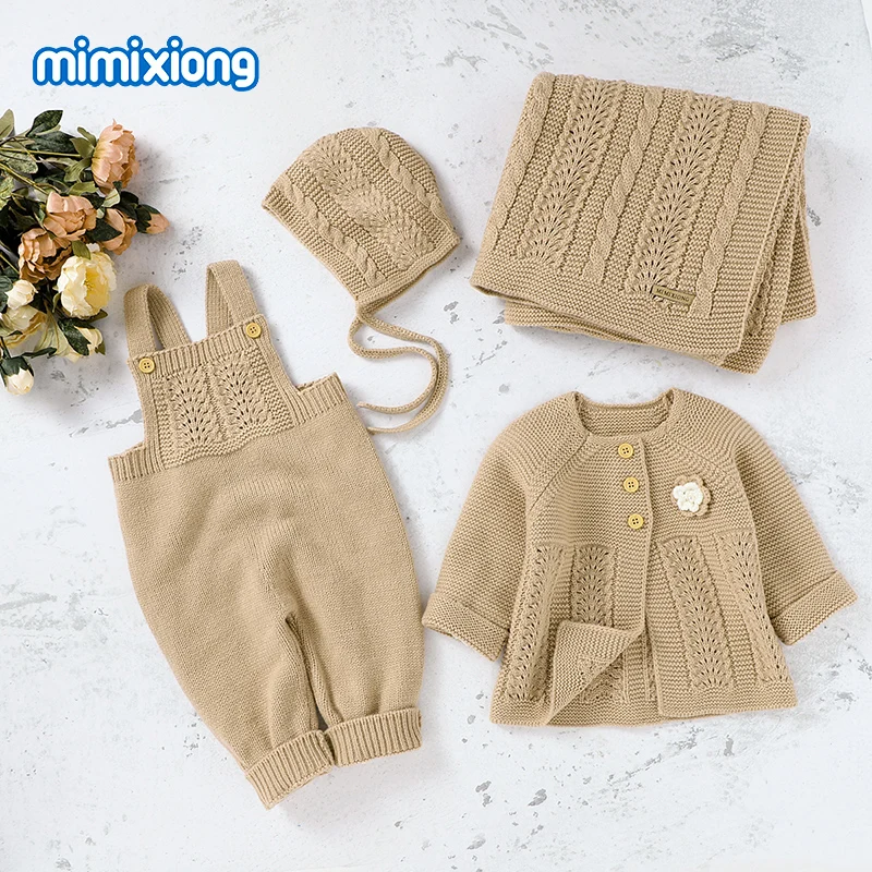 

Plain Color 4 Pieces Hats Long Sleeve Cardigans Sleeveless Rompers Blankets New Born Baby Girls' Clothing Gift Sets