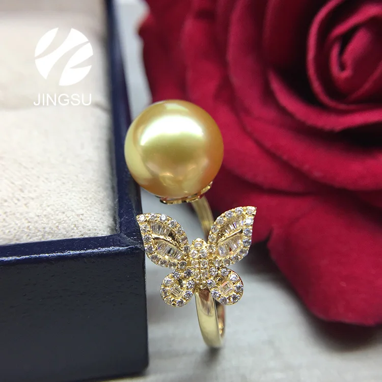 

new design natural golden color perfect round shape top quality south sea pearl ring with 18K gold, Picture