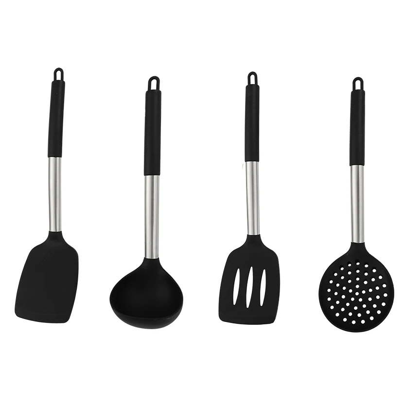 

4 Pieces Silicone Kitchen Cookware Tools Set Cooking Utensils Kitchen Accessories Stainless Steel Black Utensils Set