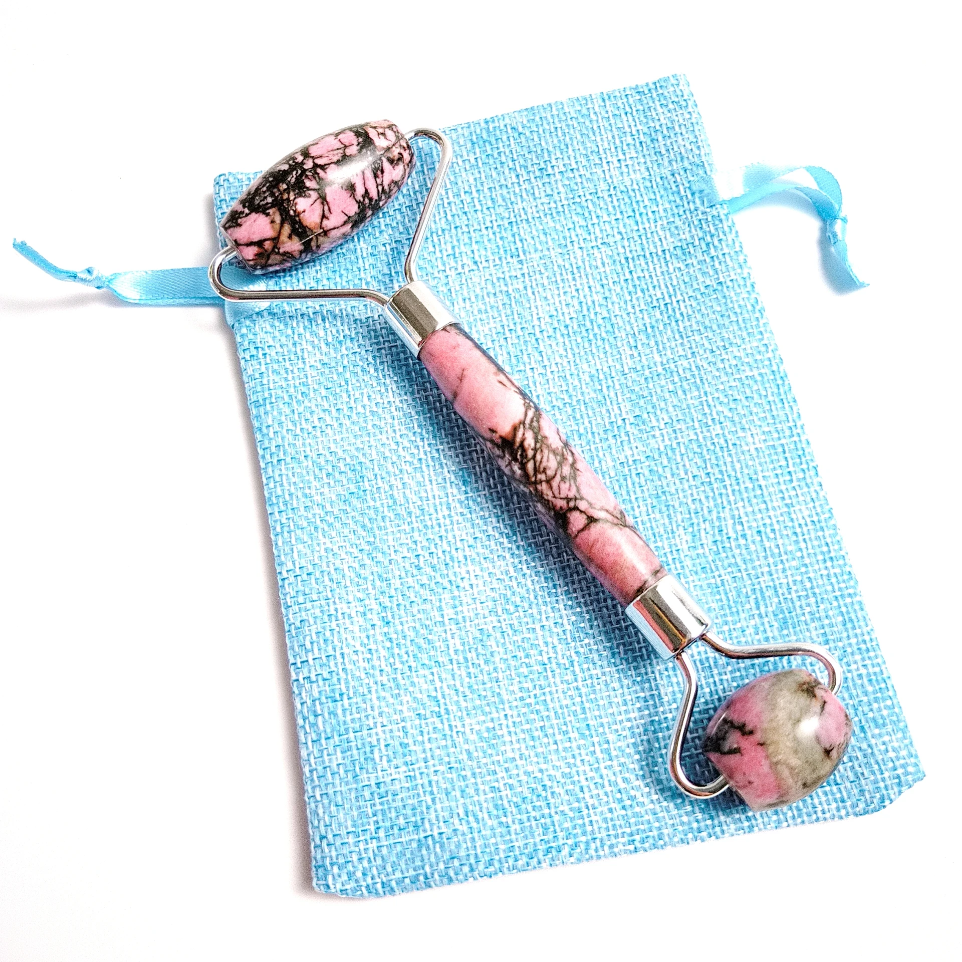 

Quick to ship Natural Rhodonite Jade Roller Face Massager for Sale Silver Facial Roller