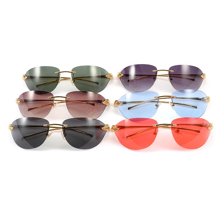 

2021 New arrivals ladies custom logo stainless frameless metal gold frame pink lens rimless sunglasses