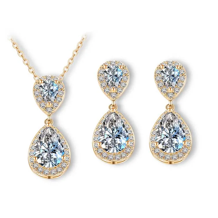 Wholesale princess style luxury zirconia stone waterdrop wedding necklace earring jewelry set