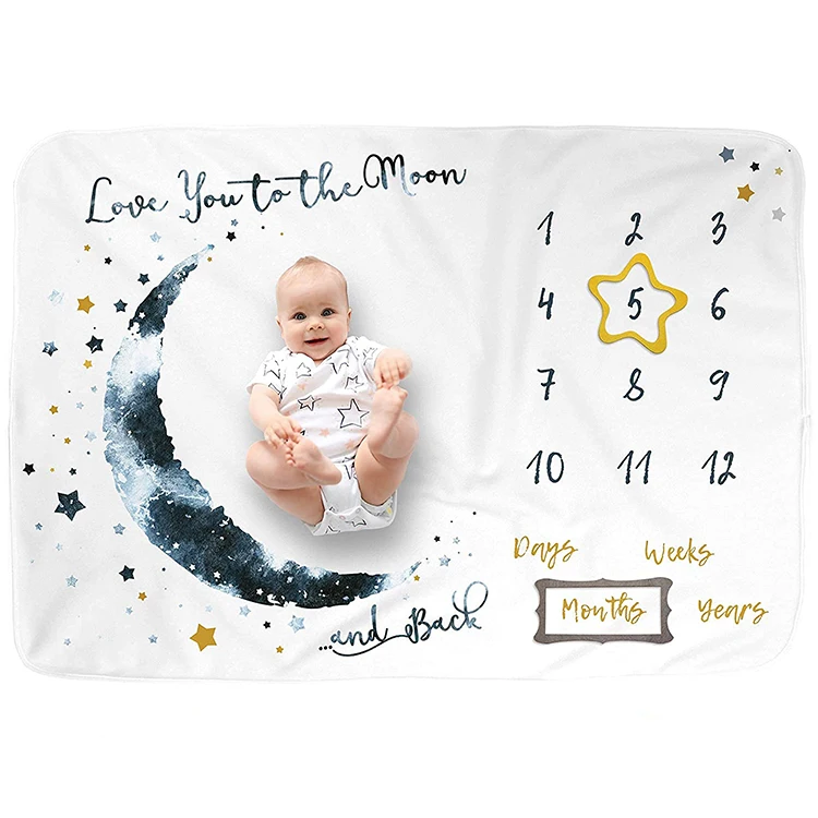 

High quality fleece baby monthly blanket Infant Monthly Milestone Blanket Baby Shower Blanket moon