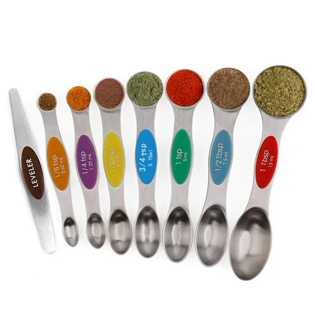 

8pcs Double Head Kitchen Baking Tools Scale Seasoning Coffee Herbal Medicine Magnetic Stainless Steel Measuring Spoons Set, Black/colourful