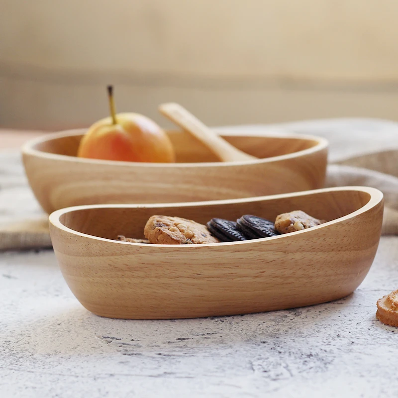 

Japanese rubber wood boat-shaped oval wooden bowl dessert breakfast salad bowl dessert fruit plate creative tableware whole wood