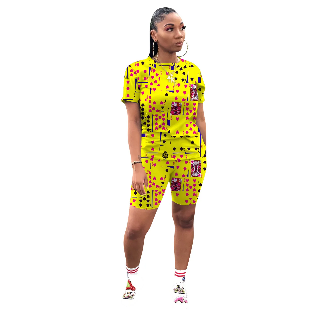 

Sport Poker Card Women two piece set Short Sleeve T-shirt tops shorts jogger suit