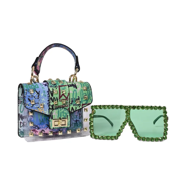 

Trending Graffiti Pattern Ladies Purses Shoulder Bag And Clear PVC Jelly Rivet Women Handbags Match Shade Sunglass Set, Colors