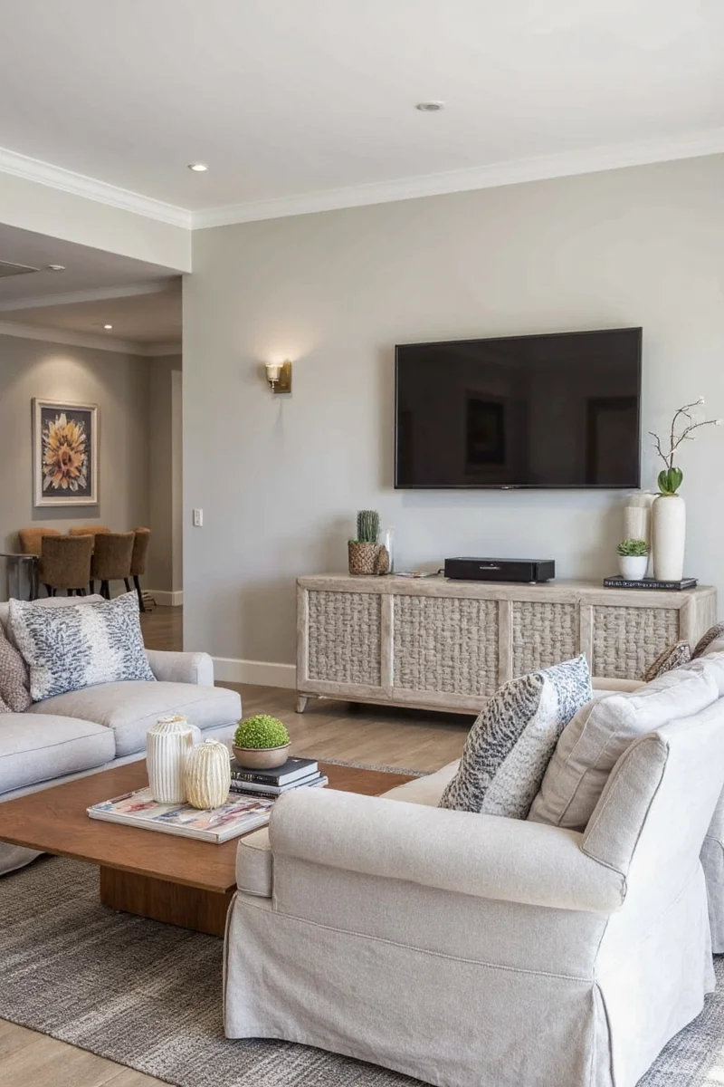 Living room with shelves dividing zones
